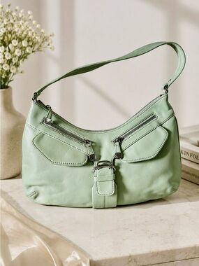 Cole Haan Mint Green Leather Shoulder Bag Y2K Hobo Purse Silver Hardware
